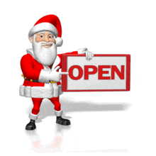 Santa points to Open Sign PowerPoint Animation layout preview.