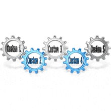 Five Custom Gears Turning PowerPoint Animation layout preview.
