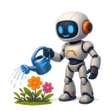 An  of a Robot Watering Flowers PowerPoint Animation layout preview.