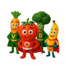 Fruit and Vegetable Heroesf PowerPoint Animation layout preview.