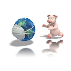 Pig Chasing World With Mask PowerPoint clipart graphic preview.