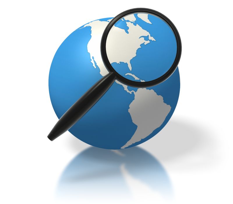 High-resolution clipart illustration of Earth Magnifying Glass North America, designed for global supply chain logistics, international market analysis, and regional business expansion tracking.