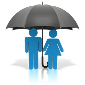 Couple Standing Under Black Umbrella PowerPoint clipart graphic preview.