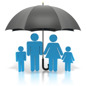 Stick Figure Blue Family Under Umbrella PowerPoint clipart graphic preview.