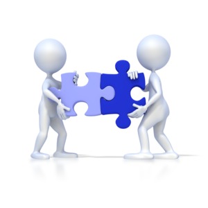 Two 3D Figures Solve Puzzle PowerPoint clipart graphic preview.
