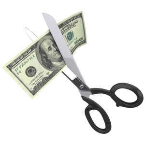 Scissors Clipping a Hundred Dollar Bill PowerPoint clipart graphic preview.