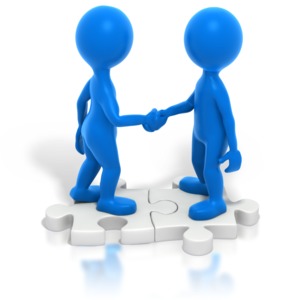 Two Blue Stickmen Handshake Puzzle PowerPoint clipart graphic preview.