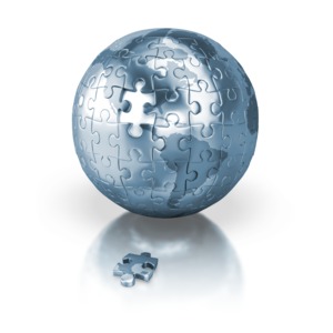 Shiny Blue Puzzle Globe Americas PowerPoint clipart graphic preview.