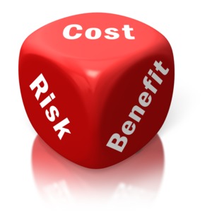 Cost Benefit Risk Red Dice PowerPoint clipart graphic preview.