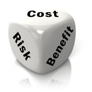 Cost Benefit Risk White Dice PowerPoint clipart graphic preview.