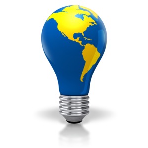 Light Bulb World Map North South America PowerPoint clipart graphic preview.