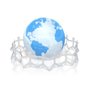 paper figures hold hands around globe PowerPoint clipart graphic preview.