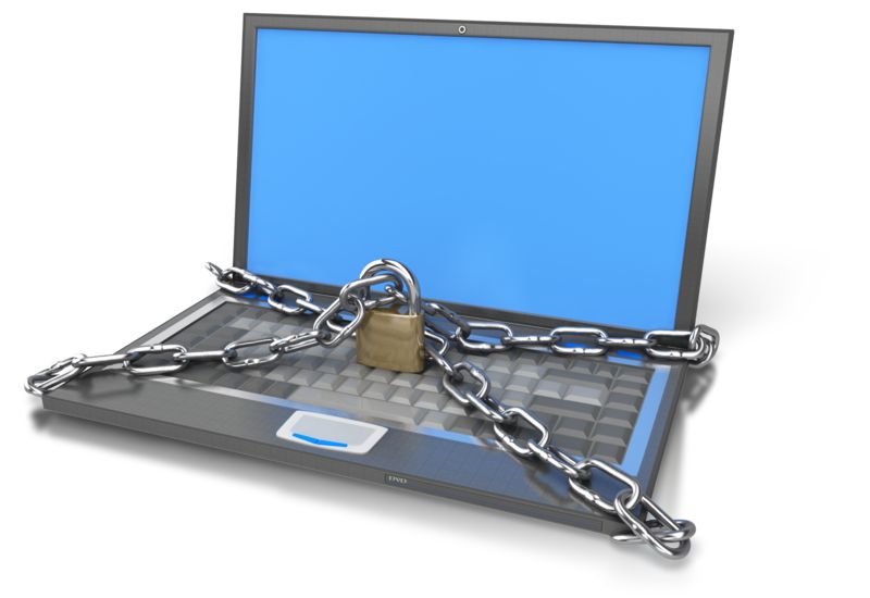 High-resolution clipart illustration of Laptop Computer Locked Up, designed for corporate facility safety compliance, residential property access control, and physical security asset management.