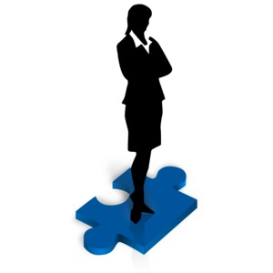 Businesswoman Stand Puzzle Piece PowerPoint clipart graphic preview.