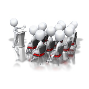 Stick Figure Podium Speech Group PowerPoint clipart graphic preview.