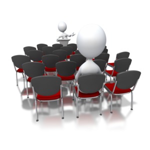Stick Figure Speaking To Small Audience PowerPoint clipart graphic preview.