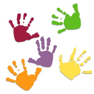 Five Colored Hand Prints PowerPoint clipart graphic preview.