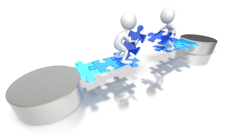 High-resolution clipart illustration of Stick figures Building Puzzle Bridge, designed for corporate project kickoff meetings, creative strategy brainstorming, and innovative product development pitches.