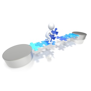 Stick Figure Build Puzzle Bridge PowerPoint clipart graphic preview.