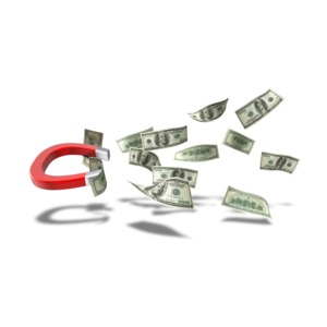 Horseshoe Magnet Pulling Dollar Bills PowerPoint clipart graphic preview.