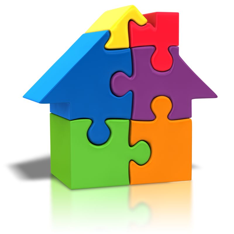 High-resolution clipart illustration of Puzzle Piece House Outline, designed for interactive corporate training, team building activities, and audience gamification.