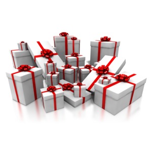 Pile White Gifts with Red Decor PowerPoint clipart graphic preview.