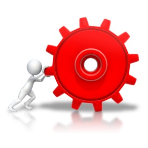 Stick Figure Pushing Gear PowerPoint clipart graphic preview.