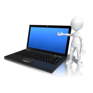 Stick Figure Standing By Laptop PowerPoint clipart graphic preview.