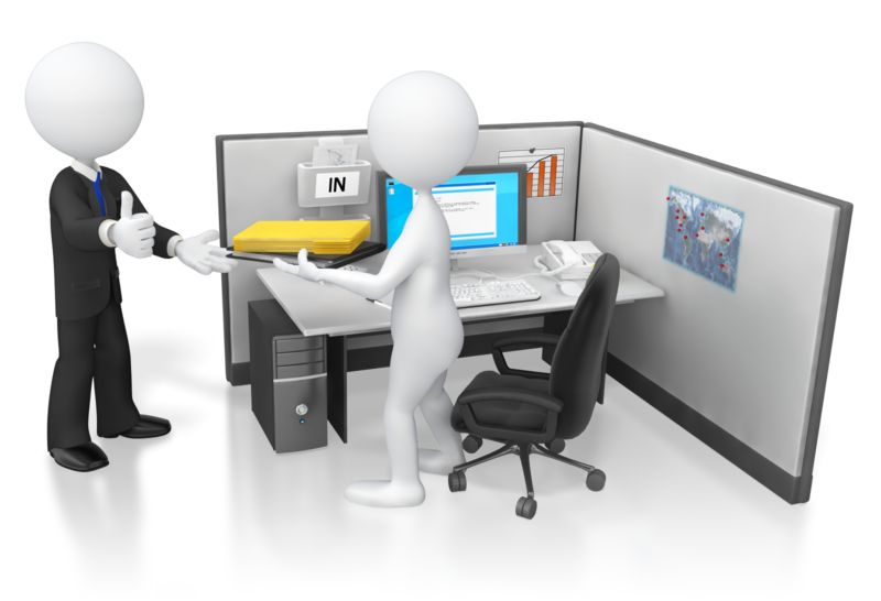 High-resolution clipart illustration of Employee Turns in Completed Work, designed for corporate operations tracking, strategic business execution, and professional reporting.