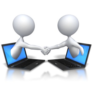 Stick Figure Laptop Hand Shake PowerPoint clipart graphic preview.