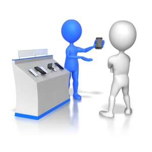 Stick Figure Selling Phones PowerPoint clipart graphic preview.