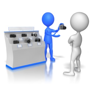 Stick Figure Selling Cameras PowerPoint clipart graphic preview.