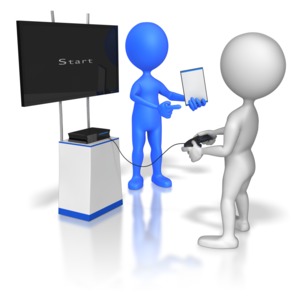 Sales Stick Figure Selling Video Game PowerPoint clipart graphic preview.