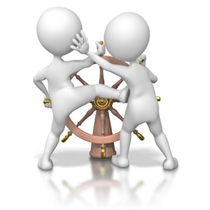 Stick Figures Fighting Over the Helm PowerPoint clipart graphic preview.