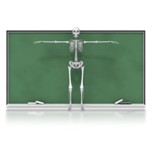 Skeleton in Front of Chalkboard PowerPoint clipart graphic preview.