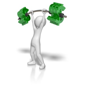 Stick Figure Lifting Dollar Weights PowerPoint clipart graphic preview.