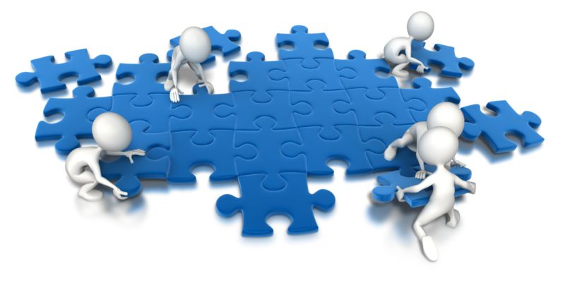 High-resolution clipart illustration of Puzzle People Working Together, designed for digital transformation strategies, enterprise software training, and advanced information technology frameworks.