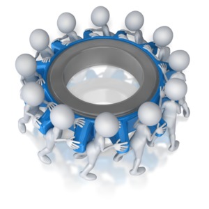 Stick Figure Team Turning Gear PowerPoint clipart graphic preview.