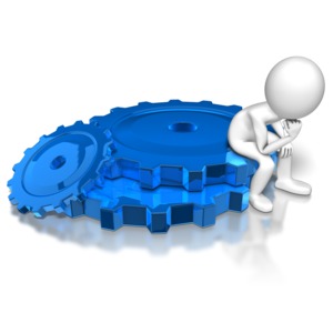 Stick Figure Sitting On Gears PowerPoint clipart graphic preview.