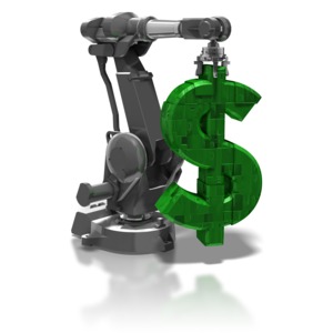 Robot Arm Holding Dollar Symbol PowerPoint clipart graphic preview.