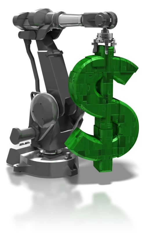 High-resolution clipart illustration of Robot Arm Holding Dollar Symbol, designed for digital transformation strategies, enterprise software training, and advanced information technology frameworks.