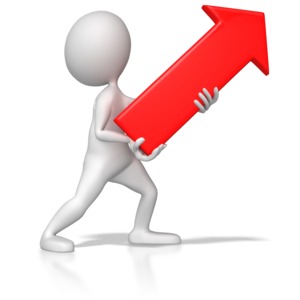 Stick Figure Pointing Red Arrow Up Right PowerPoint clipart graphic preview.