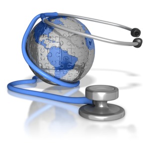 Stethoscope Around Puzzle Earth PowerPoint clipart graphic preview.
