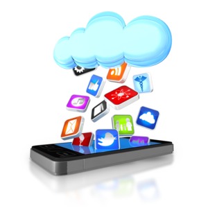 Apps Falling From Cloud Into Smart Phone PowerPoint clipart graphic preview.