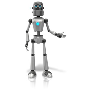 Retro Robot Presenting To Side PowerPoint clipart graphic preview.