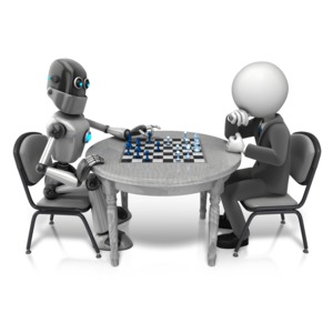 Retro Robot Playing Chess PowerPoint clipart graphic preview.