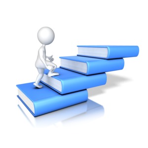 Stick Figure Walking Up Four Books PowerPoint clipart graphic preview.