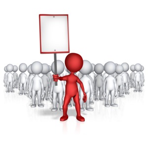 Figure Holding Sign With Followers PowerPoint clipart graphic preview.