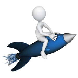 Figure Riding a Rocket PowerPoint clipart graphic preview.