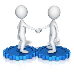 Figures Shake Hands On Gears PowerPoint clipart graphic preview.